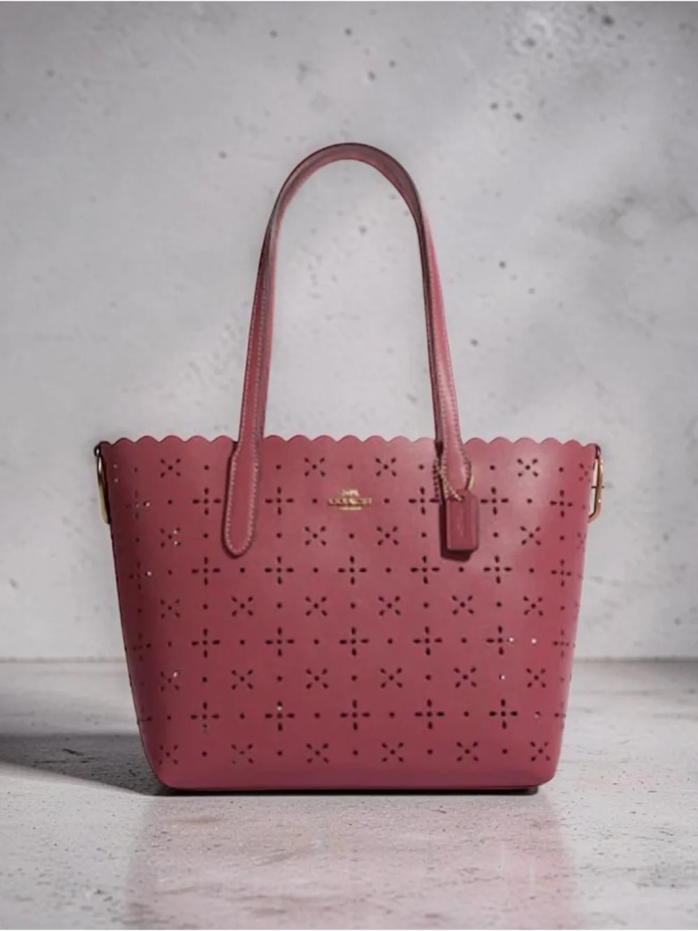 Coach Rose-Red Laser Cut Scalloped Edge Mini City Tote - Picture 7 of 16